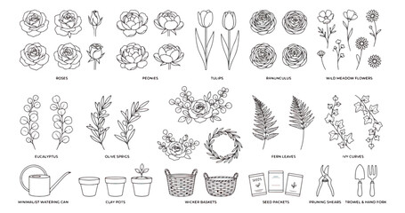 Minimalist botanical line art collection, hand drawn floral sketches and gardening tools vector set, elegant black and white flower illustrations for wedding stationery © chasad