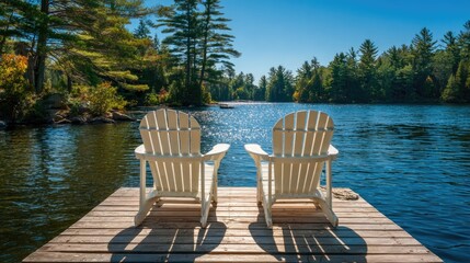 Fototapeta premium Two Adirondack chairs face a serene lake bordered by lush green trees