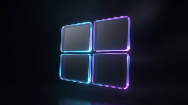 Glowing blue and purple neon geometric four square quadrant icon on a dark background.
