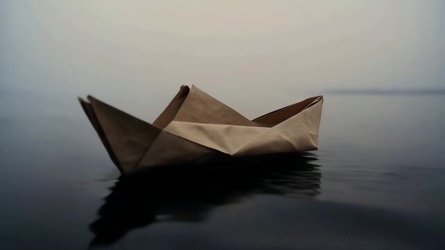 Mystical view of lonely folded origami ship sailing alone on deep dark ocean surface, fragile white paper vessel floating in foggy misty background during calm quiet evening twilight hour outdoor