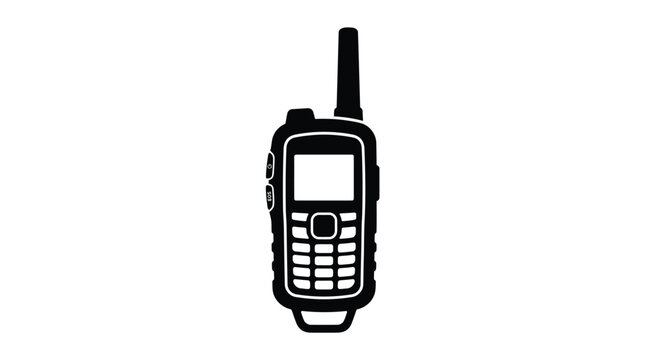 Detailed black and white vector silhouette of a handheld portable two way radio transceiver device featuring buttons and a long antenna on a white background
