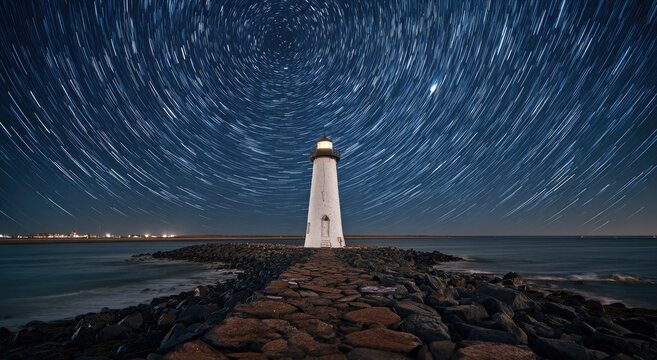 Tall white tower standing on rocky path guiding ships under swirling star trails