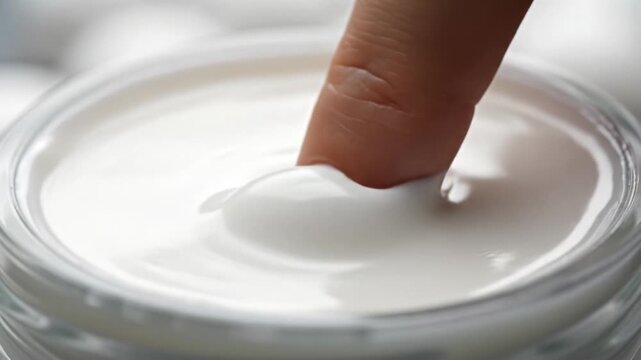 A finger dips into a jar of thick white face cream. The texture is smooth and rich, suggesting luxury and hydration. Perfect for beauty blogs and skincare advertisements.
