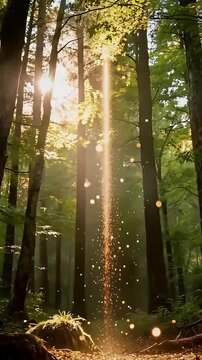 Sunlight into a forest with floating light particles