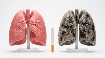 Medical Comparison of Healthy Pink Lungs and Smoker's Damaged Black Lungs with Cigarette on White Background for Healthcare Awareness Website Banner and Hero Header