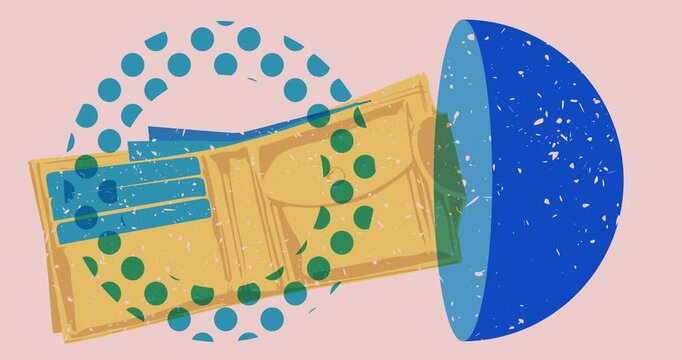 Risograph Wallet with geometric shapes animation. Moving object in trendy riso graph design video.