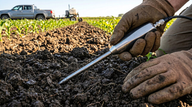 Close-up of a farmer's gloved hand using a metallic soil moisture sensor probe in a tilled field.

