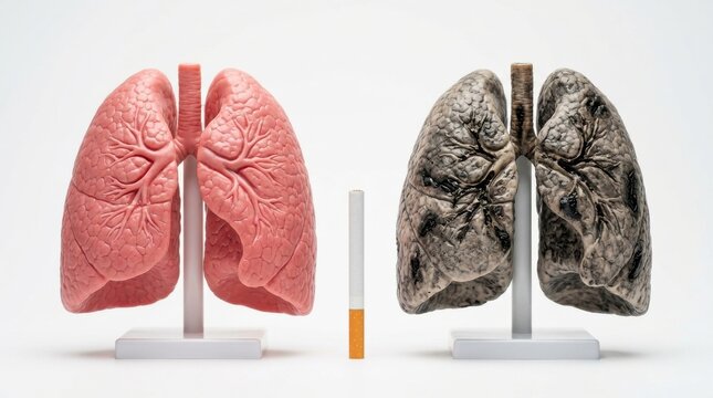 Medical Comparison of Healthy Pink Lungs and Smoker's Damaged Black Lungs with Cigarette on White Background for Healthcare Awareness Website Banner and Hero Header