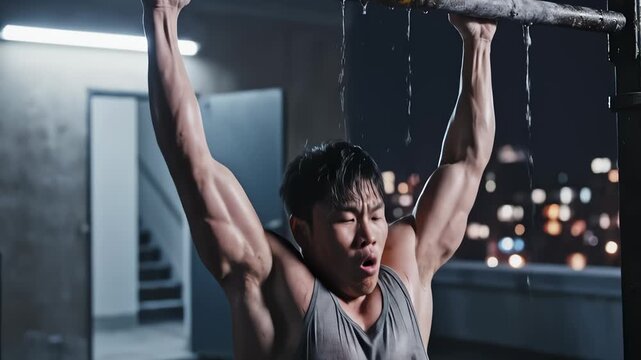 Determined Athletic Man Performing Intense Pull Ups In Rain At Night