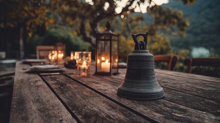 Obraz premium Vintage dinner bell on rustic wooden table surrounded by candlelight and lanterns in serene outdoor setting with blurred nature background