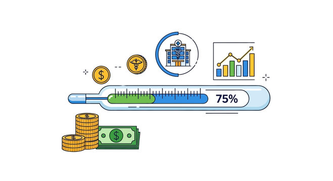 Healthcare finance illustrated thermometer with coins chart and hospital building