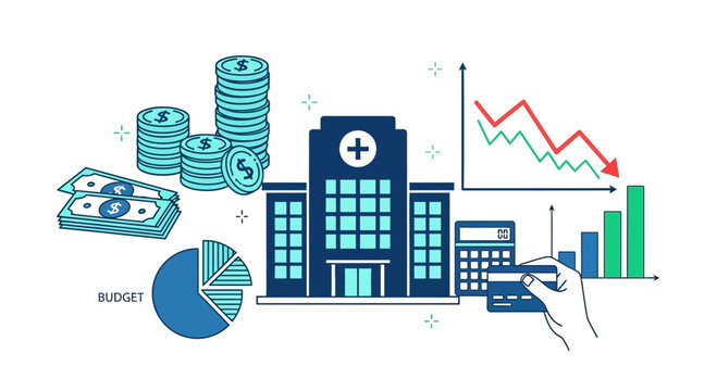 Healthcare finance illustration hospital money charts and financial decline