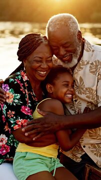 Heartwarming Family Moment of Happy African American Grandparents Hugging Their Laughing Granddaughter at Sunset, Ideal for Lifestyle and Family-Oriented Vertical. Video. Portrait Orientation.