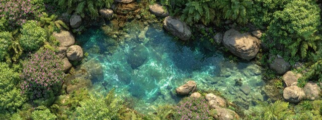Obraz premium Lush green foliage surrounds a crystal-clear turquoise pool with shimmering water