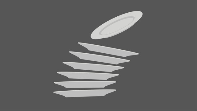 A stack of light gray plates, with one plate precariously balanced on top
