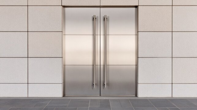 Sleek stainless steel double doors set against a textured light-colored wall with a minimalistic design