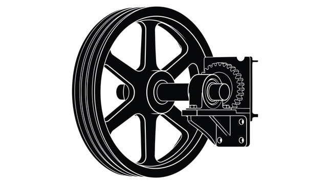 Industrial mechanical flywheel component featuring a heavy metal wheel connected to a gear assembly rendered in a bold black and white flat graphic design style