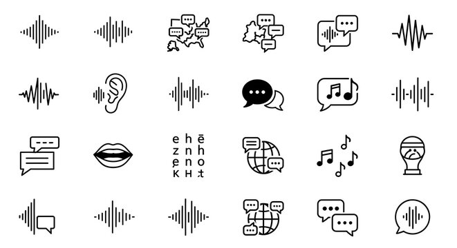 Set of audio waveforms speech bubbles and musical notes icons
