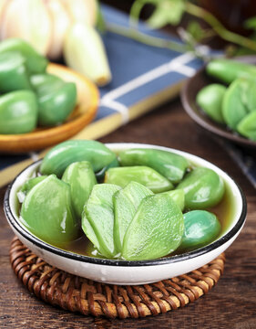 Chinese Pickled Vegetables Jinxiang Garlic and Lapacho in Traditional Ceramic Bowls Shandong Style