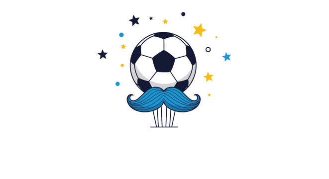 Whimsical soccer ball character with a blue mustache and colorful stars for sports entertainment and branding designs.