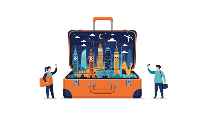 Travel concept with a city skyline inside an open suitcase and tourists taking photos for a vacation representation.