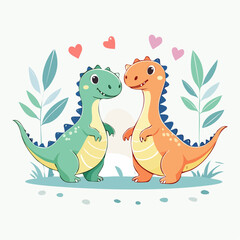 Naklejka premium Cute Cartoon Dinosaurs in Love