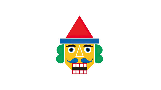 Stylized geometric nutcracker with red hat, blue band, yellow face, green curls