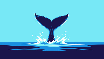 Dark blue whale tail emerging from bright blue water, creating splashes © Gambar