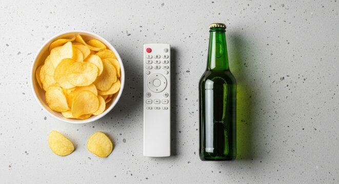 Relaxing at Home Enjoying Leisure Time Chips Remote Control and Beer Bottle Placed on Grey Surface Entertainment Beverage and Snacks Pleasure