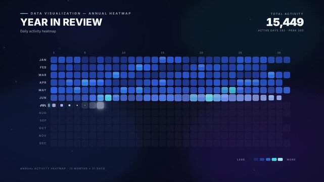 Animated annual activity heatmap calendar visualizing daily data tracking and year in review