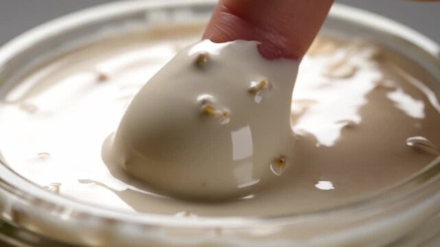 A person dips a finger into a jar of creamy white yogurt mixed with oat flakes. Close up shot focusing on the smooth texture and viscosity. Ideal for food advertising or health blogs.
