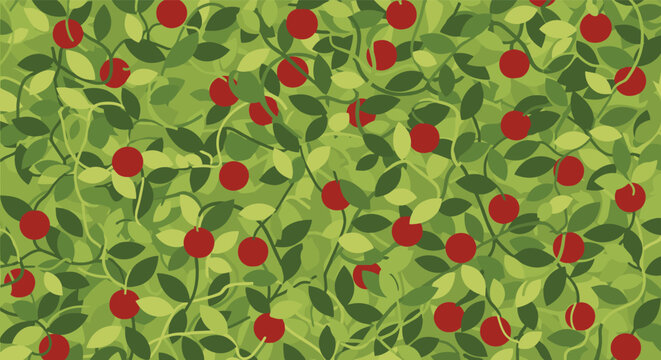 Seamless pattern of lush green leaves and ripe red berries on winding branches for natural organic background and textile design.
