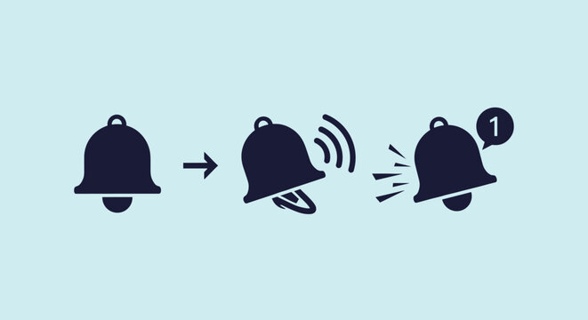 Process of app notification illustrated with three stages of a bell icon from silent to ringing and finally showing an alert bubble.
