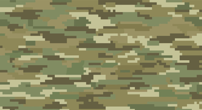 Green and tan digital camouflage pattern with pixelated rectangular shapes for military gear and outdoor apparel design.