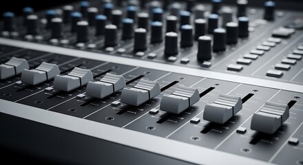 Fototapeta premium Close-up of audio mixing console knobs and faders in professional studio setting