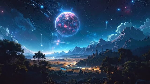 A glowing celestial sphere illuminates a vast mountain landscape at night