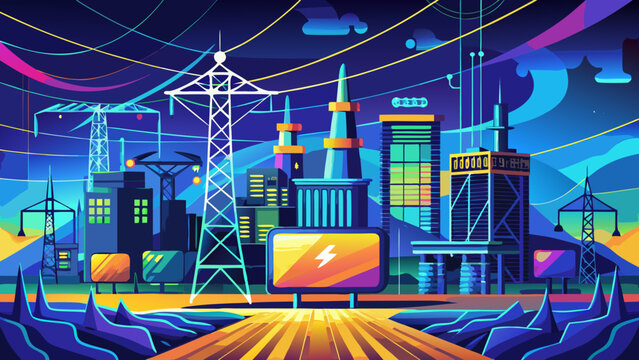 Futuristic Urban Energy Grid with High Voltage Transmission Towers and Power Infrastructure