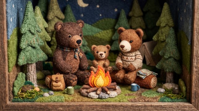 Macro photo of needle felted teddy bear family around campfire inside wooden shadowbox frame representing cozy winter camping childhood imagination and family security