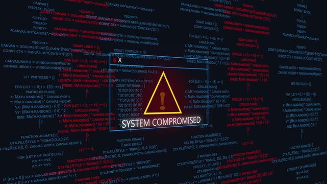 A cybersecurity alert screen showing system compromised warning with red interface, breach detected icon, and urgent visual UI. Ideal for cybersecurity, 