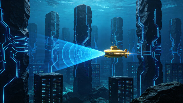 Glowing 3D Security Probe Navigating Deep Blue Digital Ocean with Server Pillars