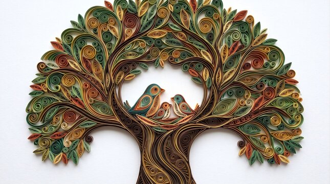 Perspective view of intricate paper quilling family tree with bird nest on textured white background photo representing generational wealth heritage protection and life insurance