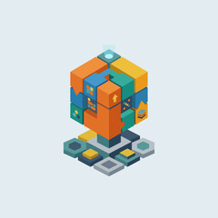 Fototapeta premium A colorful isometric cube structure with various abstract geometric icons