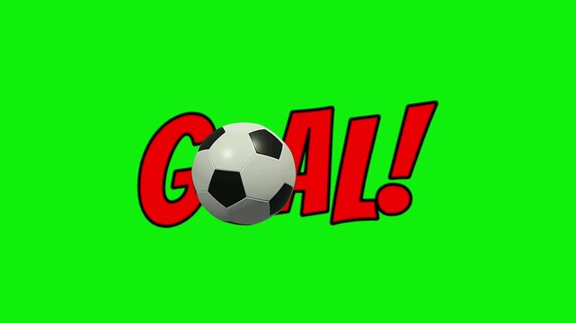 Animated "Goal" Comic text style with Soccer Ball Motion on Green Screen Background, Loop Sports Celebration Video Effect for Football Match Highlights, Score Announcements, Broadcast Graphics