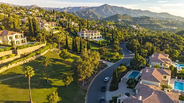 An aerial view of a luxury residential neighborhood nestled in the rolling hills