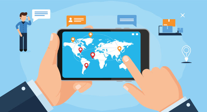 User interacting with a global world map on a tablet screen to track shipments or plan international business logistics.