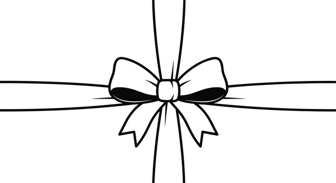 Simple hand drawn black and white line art of a gift ribbon bow tied around a horizontal and vertical package line.