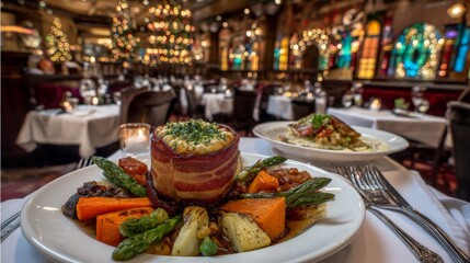 Obraz premium Gourmet cuisine served in elegant restaurant setting with festive decorations, showcasing a mouthwatering dish of meat and vegetables beautifully plated