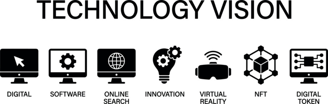 technology vision concept icon set with digital software innovation virtual reality nft online search and token symbols