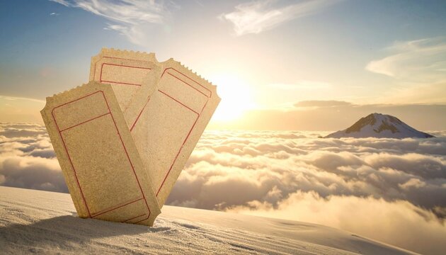 Blank vintage tickets on snowy mountain peak at sunset travel concept 