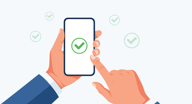 Person holds a smartphone showing a large green checkmark on the screen to confirm a successful transaction or verified digital task.